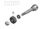 A technical diagram of an MIP X-Duty rear CVD wheel axle assembly, showing the axle, hex adapter, spacer, set screw, and locking nut.