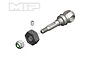 A digital render of an MIP X-Duty CVD wheel axle assembly including a hex adapter, set screw, and locking nut on a white background.