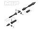 An exploded view diagram of an MIP X-Duty centre driveshaft kit showing all components including shafts, joints, pins, and grub screws.