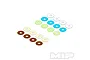 A digital illustration of various coloured tuning valves for RC shock absorbers, arranged in two groups on a white background.