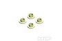 Four small, light-colored plastic flanged washers or bushings arranged in a diamond pattern on a white background.