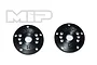 Two black circular MIP shock pistons with multiple holes and the letter H engraved on them, displayed against a white background.