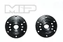 Two black circular MIP shock pistons with six holes and engraved branding on a white background.