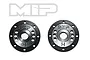 Two black circular MIP shock pistons with multiple holes, featuring the MIP logo and an H marking, set against a white background.