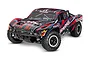 A Traxxas Slash 4X4 VXL RC short course truck with a black, red, and blue racing livery on a white background.