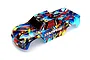 Traxxas 1/10 Stampede RC truck body shell with Rock-n-Roll multi-colour paint scheme.