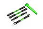 A set of four green anodized aluminum turnbuckles with black plastic rod ends and a matching green Traxxas wrench on a white background.