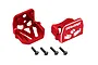 Two red anodized aluminium Traxxas motor mounts with four black mounting screws on a white background.