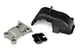 A set of three Traxxas RC gear cover components including one large black cover, one small black bracket, and one grey mounting piece.