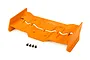 An orange Traxxas RC rear wing with four small black mounting screws placed in front of it on a white background.