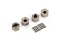 Four steel wheel hex adapters and six small metal pins arranged on a white background.