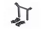 Black plastic RC body mount components including a tall U-shaped post and two angled mounting brackets on a white background.