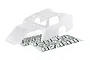 A clear, unpainted Traxxas Slash Modified RC body shell shown with included number decal sheets on a white background.