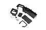 Losi radio tray set including black plastic molded components, small screws, clips, and a white plastic connector on a white background.