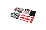 Losi red plastic body panels and multiple decal sheets for an RC motorcycle, laid out on a white background.
