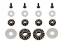 Team Associated differential rebuild kit components including screws, washers, and bevel gears arranged on a white background.