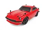 A red Team Associated SR27 Datsun 240Z RC car on a white background, featuring black wheels, fender mirrors, and body clips.