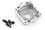 A silver metal RC engine clutch housing with four included mounting screws on a white background.