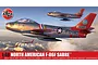 Box art for an Airfix 1/48 scale North American F-86F Sabre model kit, featuring an illustration of several silver Sabre jets flying over snowy mountains.