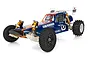 Studio shot of a Team Associated RC10 Jay Halsey Edition 1/10 scale 2WD electric RC buggy with blue and orange bodywork on a white background.