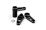 A set of black anodized aluminium steering arm components for an RC car, featuring the Yeah Racing logo, isolated on a white background.