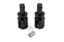 Two black steel differential cups and two small metal pins for RC cars, isolated on a white background.