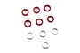A collection of nine small metal spacers in red and silver finishes arranged on a white background.
