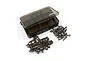 A Yeah Racing titanium screw kit for Kyosho Turbo Optima, featuring a translucent black plastic storage box and numerous metal screws on a white background.