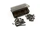 Yeah Racing titanium screw kit for Kyosho Optima Pro, featuring a clear plastic storage box and various metal screws scattered on a white background.