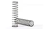 Two black metal coil springs for RC car suspension, one standing vertically and one lying horizontally on a white background.