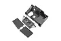 Losi rear bulkhead, dual fan panel, and two mud guards in black plastic, shown from an overhead angle on a white background.