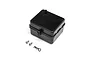 A black plastic waterproof receiver box for an RC boat, shown with two small metal screws and a black body clip on a white background.