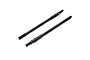 Two black metal RC rear driveshafts with threaded ends and hex wheel mounts, isolated on a white background.