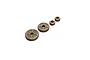 Four bronze-coloured metal spur gears of varying sizes arranged in a diagonal line on a white background.