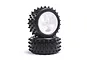 Two Losi 4-row off-road RC car tyres mounted on white five-spoke plastic rims, stacked vertically against a white background.