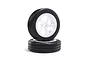 Two Losi RC front rib tires mounted on white five-spoke plastic wheels, stacked against a plain white background.
