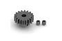 A grey metal 18-tooth pinion gear with two small grub screws, isolated on a white background.