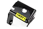 A black plastic Rovan engine cylinder heat guard with a yellow warning sticker that says HOT with a downward arrow.