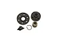 Kyosho differential gear case and pulley set including a black plastic pulley, gear housing, metal pinion gear, screws, and a small metal clip.
