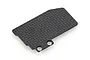 A small, rectangular carbon fibre electronics mounting plate with two circular mounting holes on one side, isolated on a white background.