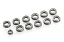 A collection of eleven metal ball bearings of varying sizes arranged on a white background.