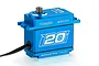 A blue anodized aluminium Power HD WH-20KG waterproof RC servo with a steel output gear, featuring large '20' branding on the side.