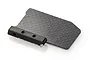 A carbon fibre electronics mounting plate with a black metal bracket attached, shown on a white background.