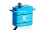 Power HD T5-R blue aluminium waterproof servo with metal gear output shaft on a white background.
