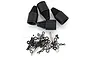 A collection of Rovan RC hardware including four black rubber boots and various metal clips, nuts, and pins on a white background.