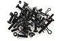 A pile of assorted black RC hardware including screws, bolts, nuts, and body clips on a white background.