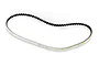 A white Bando low friction RC drive belt with black teeth, isolated on a white background.