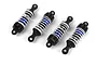 A set of four blue and black aluminium RC shock absorbers with white springs arranged diagonally on a white background.