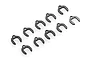 Ten small black carbon fiber suspension arm clips arranged in a staggered pattern on a white background.