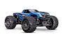 A blue and black Traxxas Mini Maxx RC monster truck with large off-road tires, shown from a front three-quarter angle against a white background.